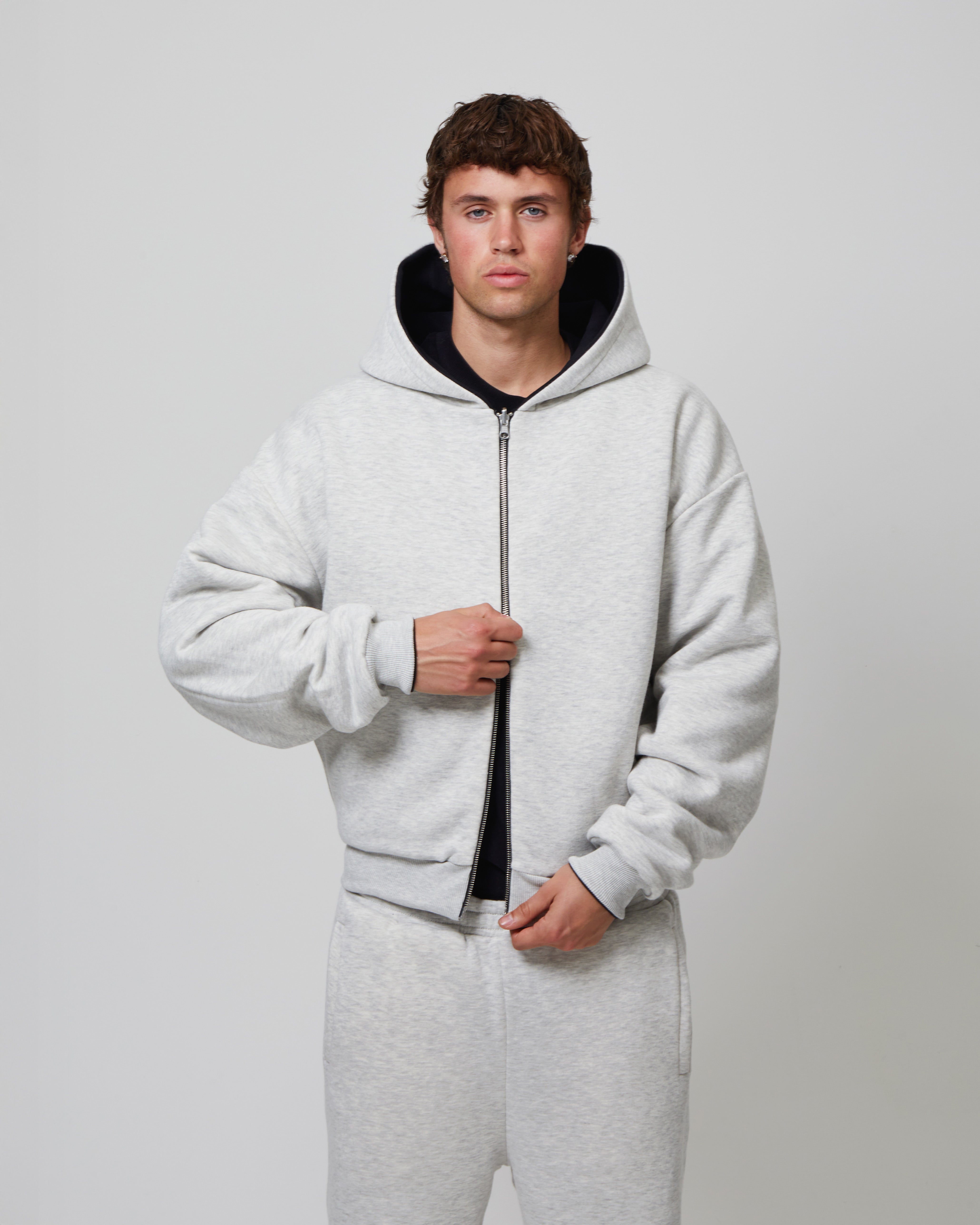 Model view of Kaizen Market Reversible ZIP Grey Black Hoodie